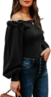 Sweaters Casual Long Lantern Sleeve Square Neck Ruffle Knit Pullovers Tops